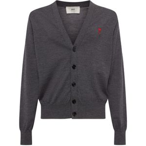 Ami Paris, Truien, Heren, Grijs, S, Wol, Grijze Merino Cardigan met Ami de Coeur