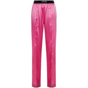 Tom Ford, Broeken, Dames, Roze, S, Roze zijden broek met fluwelen tailleband