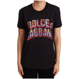 Dolce & Gabbana, Tops, Dames, Zwart, M, Katoen, Zwart Logo Print T-Shirt