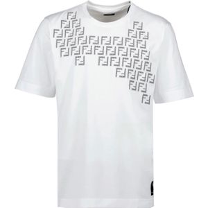 Fendi, Tops, Heren, Wit, L, Katoen, Geborduurd Logo Ronde Hals T-shirt