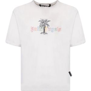 Palm Angels, Tops, Heren, Wit, M, Katoen, Logo T-shirt met Drop Schouders