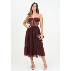 Elisabetta Franchi, Kleedjes, Dames, Rood, M, Tule, Bordeaux Tule Midi Jurk met Geplooide Rok