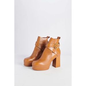 See by Chloé, Schoenen, Dames, Bruin, 41 EU, Leer, Bruine Leren Enkellaarzen met Kruisgesp Detail