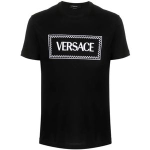 Versace, Tops, Heren, Zwart, S, Katoen, Zwarte Logo Geborduurde T-shirts en Polos