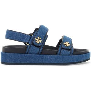 Tory Burch, Schoenen, Dames, Blauw, 39 EU, Denim, Denim Kira Sandalen met Gouden Monogram