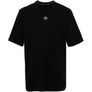Marine Serre, Tops, Heren, Zwart, S, Katoen, Zwarte biologisch katoenen T-shirt met halve maan logo
