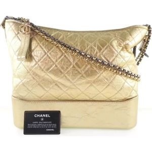 Chanel Vintage, Pre-owned, Dames, Geel, ONE Size, Tweed, Tweedehands Gouden Leren Chanel Schoudertas