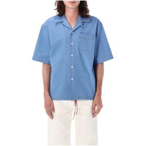 Marni, Overhemden, Heren, Blauw, XL, Katoen, Azure Korte Mouw Katoen Bowling Shirt