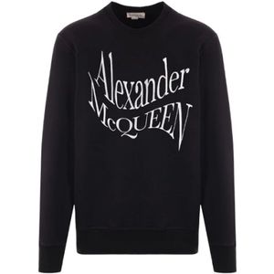 Alexander McQueen, Sweatshirts & Hoodies, Heren, Zwart, L, Katoen, Zwarte Katoenen Jersey Sweater met Verwrongen Logo Borduursel