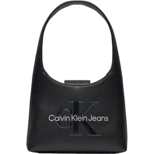 Calvin Klein Jeans, Tassen, Dames, Zwart, ONE Size, Zwarte Bedrukte Rits Handtas Damesmode