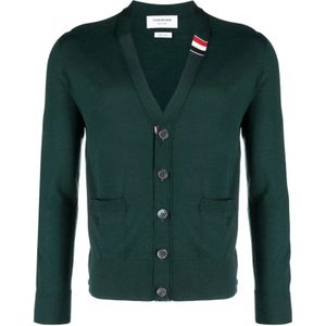 Thom Browne, Truien, Heren, Groen, M, Wol, Groene wollen cardigan met tricolor detail