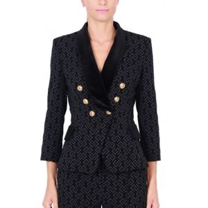 Elisabetta Franchi, Jassen, Dames, Zwart, M, Polyester, Dubbelrijige Flocked Blazer, Zwart - Maat 44