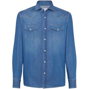 Brunello Cucinelli, Overhemden, Heren, Blauw, M, Denim, Blauwe Denim Drukknop Shirt