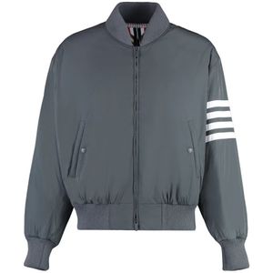 Thom Browne, Jassen, Heren, Grijs, M, Polyester, Gestreepte Bomberjack van Technische Stof