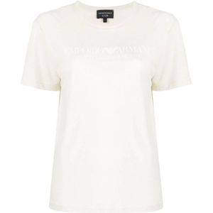 Emporio Armani, Tops, Dames, Wit, M, Linnen, Logo-Print Linnen-Blend T-Shirt