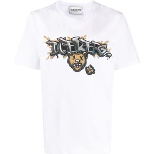Iceberg, Tops, Heren, Wit, L, Katoen, Graffiti Logo Crew Neck T-shirt