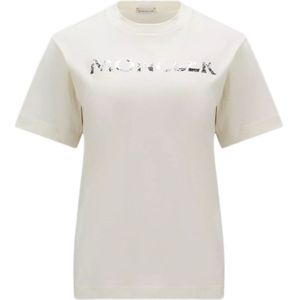 Moncler, Tops, Dames, Wit, S, Katoen, Witte Geribbelde T-shirts en Polos met Paillet Logo