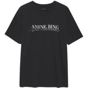 Anine Bing, Vintage Black Doodle Walker T-shirt Zwart, Dames, Maat:XS