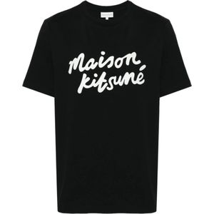 Maison Kitsuné, Tops, Heren, Zwart, L, Katoen, Zwarte Logo Print T-shirts en Polos