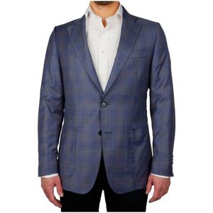 Made in Italia, Jassen, Heren, Blauw, XL, Wol, Blauwe Wollen Blazer met Ruitpatroon