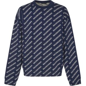 Balenciaga, Truien, Heren, Blauw, M, Katoen, Blauwe All-Over Crewneck Sweaters