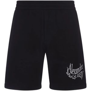 Alexander McQueen, Korte broeken, Heren, Zwart, L, Katoen, Zwarte Loopback Fleece Shorts Verstoord Logo