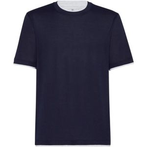 Brunello Cucinelli, Gelaagde Zijde-Katoen T-shirts en Polos Blauw, Heren, Maat:M