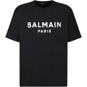 Balmain, Tops, Heren, Zwart, L, Katoen, Zwart Organisch Katoenen T-Shirt met Bedrukt Logo