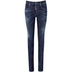 Dsquared2, Jeans, Dames, Blauw, 2Xs, Katoen, 24/7 Donkerblauwe Skinny Jeans met Scheuren en Gewassen Effect