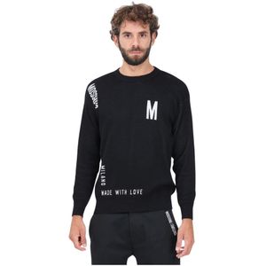 Moschino, Truien, Heren, Zwart, XL, Katoen, Zwarte Crewneck Sweater met Logo Inlay