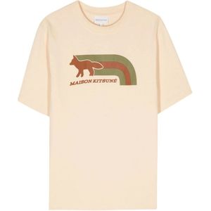 Maison Kitsuné, Tops, Heren, Beige, M, Katoen, Vos Motief Beige Katoenen T-shirt