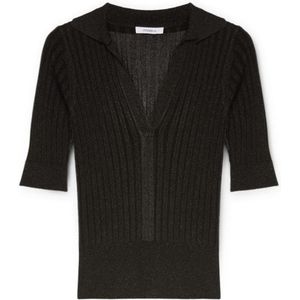 Motivi, Tops, Dames, Zwart, S, Polyester, Geribbelde Lurex Polo Shirt Stijl Sweater