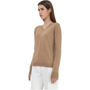 Max Mara Studio, Truien, Dames, Beige, M, Wol, Kameelwol Trui Geribbelde Details Lange Mouw