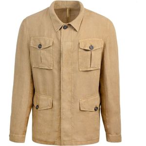 Lubiam, Jassen, Heren, Bruin, L, Linnen, Sportieve Camel Overshirt met Contrastknopen