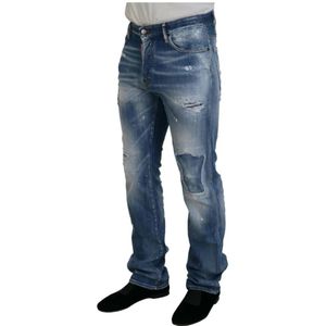 Dsquared2, Jeans, Heren, Blauw, M, Denim, Blauwe Tattered Straight Fit Denim Jeans