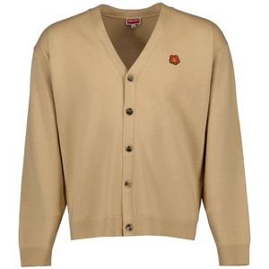 Kenzo, Truien, Heren, Beige, L, Wol, Bloemen Cardigan V-Hals Lange Mouw