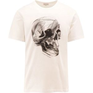 Alexander McQueen, Tops, Heren, Wit, M, Katoen, Witte Geribbelde T-shirt met Logo Print