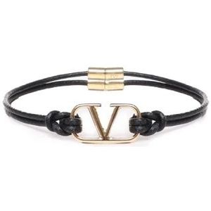 Valentino Garavani, Zwart Leren Armband met Gouden VLogo Zwart, Heren, Maat:S