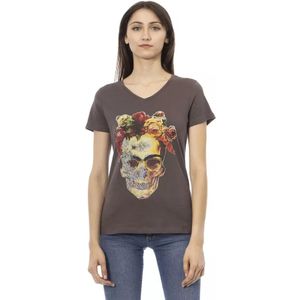 Trussardi, Bruine Katoenen V-Hals T-Shirt met Voorkant Print Bruin, Dames, Maat:M