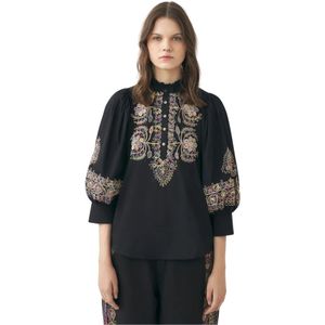 Antik Batik, Met de hand geborduurde blouse Neil Zwart, Dames, Maat:XS