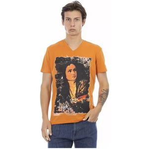 Trussardi, Tops, Heren, Oranje, L, Katoen, Stijlvolle Oranje V-Hals T-Shirt met Voorkant Print