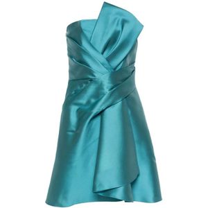 Alberta Ferretti, Turquoise Blauwe Satijnen Jurk met Oversized Strik Blauw, Dames, Maat:S