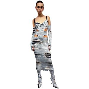 John Richmond, Lange jurk met iconisch denim catwalk patroon Blauw, Dames, Maat:XS