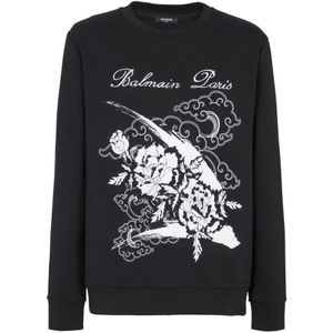 Balmain, Sweatshirts & Hoodies, Heren, Zwart, 2Xl, Katoen, Bloemenprint sweatshirt