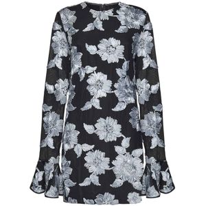 Rotate Birger Christensen, Kleedjes, Dames, Veelkleurig, S, Polyester, Grijze Mesh Jurk met 3D Bloemen