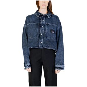 Calvin Klein Jeans, Blauwe Bedrukte Katoenen Blazer met Polo Kraag Blauw, Dames, Maat:S