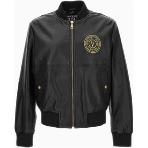 Versace Jeans Couture, Jassen, Heren, Zwart, XL, Zwarte Leren Jas Mantel