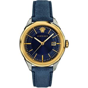 Versace, Accessoires, Heren, Veelkleurig, ONE Size, Blauw Lederen Gouden Stalen Horloge Vera 00218
