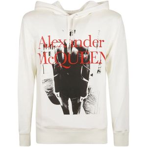 Alexander McQueen, Sweatshirts & Hoodies, Heren, Wit, L, Logo Hoodie Sweatshirt Ribbed Trims