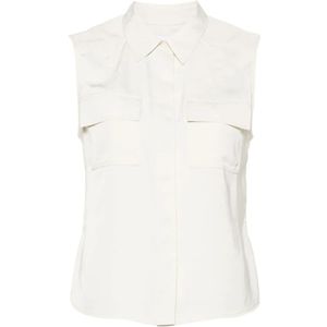 Calvin Klein, Tops, Dames, Wit, L, Leer, Witte Mouwloze Hemd met Puntkraag
